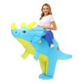 Detailed view of sky blue inflatable triceratops costume with orange blower fan detail - Adults Riding Triceratops / One Size