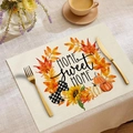 Linen placemat with pumpkin and maple leaf print featuring HOME sweet HOME text - HOME Sweet HOME Plant Pumpkin