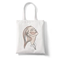White canvas tote bag featuring minimalist face line art print and pink accents - Style I (Side Face Art)