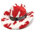Detailed view of red and white cow print cowboy hat with a star buckle and plush texture - M (56-58cm) / Straight Top / Red and White Cow Print