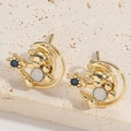 Golden bear and moon stud earrings featuring opal stones and blue star charms - Bear Moon Star Style (ES2655-6)