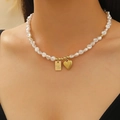 Multi-layer pearl necklace with golden Good Luck tag and heart pendant for women - Gold 'Good Luck' Pearl Necklace (WG-0186)