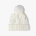 Gorro de punto de invierno en blanco crema con patrones de trenzas y un pompón suave arriba - Talla única / Blanco