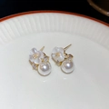 Close-up of 18k gold plated pearl flower earrings with sparkling cubic zirconia details - 28# Pearl Flower Gold (28# Silver Pin-Gold-Flower-Gold Plated)