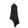 Elegant black satin slip dress with lace trim and asymmetrical hem on white background - XS / Black