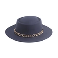 Detail of navy pork pie hat featuring flat top and dual-tone metal chain accessory - Chain / Navy Blue