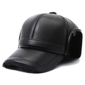Winter men's leather baseball cap with warm fleece lining and ear protection flaps - One Size / 6-Panel Black
