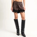 Detail of dark brown satin shorts featuring delicate black lace trim at the hemline - S / Dark Brown