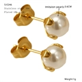 Classic 18k gold plated stainless steel stud earrings with 6mm white faux pearls - Faux Pearl Style (S-E246)