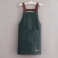Waterproof dark green minimalist apron with brown PU leather straps and front pocket - Basic Style / Dark Green