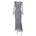 Detail of sheer mesh fabric texture on long sleeve polka dot maxi dress - S / Black