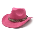 Pink faux suede western cowboy hat with ethnic band and bull head metal ornament - M (56-59cm) / Rose Red Faux Suede