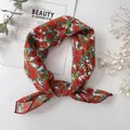 Cotton linen square scarf with red floral patterns and green leaves on white background - XY-41 White Red Flower Green Leaf