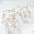 White sheer chiffon Christmas ribbon with sparkling gold snowflake patterns and gold borders - Width 6.3cm Length 10m / Champagne Gold Snowflake