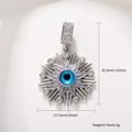 Detailed dimensions of sunburst evil eye pendant in silver finish with pavé crystals - Silver Round Blue Eye Rhinestone (A0657)