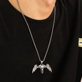 Gothic punk silver skull necklace with bat wing pendant on black T-shirt background - Antique Silver Skull Bat Wing Necklace (10667) / Antique Silver