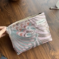Pink brocade makeup bag with peacock feather embroidery and zipper closure - Phoenix Tail