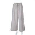High waist loose linen wide-leg pants for women featuring elastic drawstring waist in grey-purple - S / Khaki
