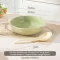 Cream green 10-inch ceramic soup bowl with handles and a matching yellow spoon - 10 Inch Soup Bowl + Large Spoon - Creamy Green