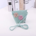 Light green woven straw mini bag for girls with decorative 3D floral accents - S (50-52cm) / Aqua Green-Bag