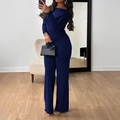 Deep blue off-shoulder long sleeve jumpsuit with wide leg pants for women - S / Navy Blue