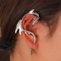 Silver dragon ear cuff earring in gothic punk style for women shown on model side view - Silver Dragon Earring Post Wrap / Antique Silver (WG-0686)