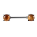 Surgical stainless steel nipple barbell featuring natural tiger eye stone beads on both ends - Tiger's Eye