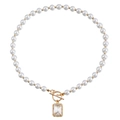 Elegant pearl necklace with OT toggle clasp and rectangular crystal pendant - Gold with White Zirconia
