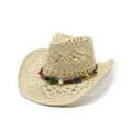 Cowboy style straw sun hat with hollow weave and colorful beads in natural beige - M(56-58cm) / Beige