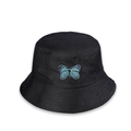 Close-up of the delicate blue butterfly embroidery on a black cotton bucket hat - M (56-58cm) / Black