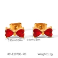 Detailed view of gold bow earrings with red heart zircon stones and precise dimensions - Bowknot (HC-E10790-RD) / Red