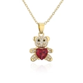 Vue détaillée d'un pendentif ours en peluche doré avec zircons et pierre en cœur rouge - Cœur Rouge