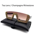 Oversized gradient tea lens sunglasses with champagne rhinestones and leather case - Tea Lens Champagne Rhinestone