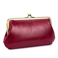 Vintage wine red leather clutch bag with bronze metal frame and spherical kiss-lock closure - Burgundy