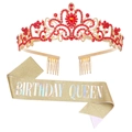 Birthday Queen gold glitter sash and red rhinestone crown set for party decor - One Size / Set 9 (Red Rhinestone Gold Crown + Gold Holographic Queen Sash)