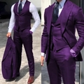 Three-piece purple slim fit men's formal suit with vest and trousers in outdoor lighting - Purple