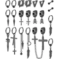 12-piece black stainless steel punk earring set with cross, skull, and feather charms - Black Skull Punk Long Chain Set (36030)