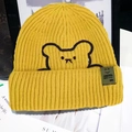 Bright yellow winter beanie featuring bear embroidery and a side decorative label - One Size / Yellow (With Bear Embroidery)