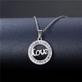 Detail of silver hollow circle pendant with Love engraving and sparkling rhinestones - NZ15 Love Hollow
