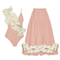 Peach one-piece swimsuit and tiered skirt set with white 3D floral appliques - S / Pink Jewelry Set