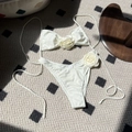 Two-piece white bikini set featuring 3D rose flower detail and side-tie swim bottoms - S / White with White Flower