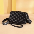Mini PC hard shell crossbody bag in glossy black with diamond quilted texture and strap - Black Argyle