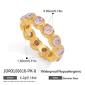 Gold stainless steel ring featuring pink circular zircon stones and sizing dimensions - Round Style (JDR0105010-PK-8) / Pink