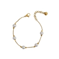 Elegant gold chain bracelet with five white pearls and minimalist square beads details - Five Pearls - Bracelet