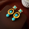 Vintage gold earrings with turquoise beads and pearl accents on brown leather - Silver Pin Vintage Gold Turquoise Pearl Teardrop Hollow