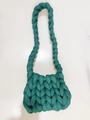Handmade DIY chunky knit shoulder bag in dark green woven cotton tube yarn style - Peacock Green (Finished)
