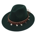 Dark green wide brim felt fedora hat with ethnic style silver coin pendants decoration - Dark Green
