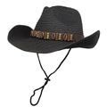 Detail of black straw cowboy hat with shell band and adjustable drawstring - Black