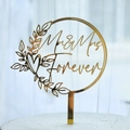 Golden acrylic Mr & Mrs wedding cake topper with elegant leaves and heart design - Gold Wreath Round Frame Type A MR&MRS