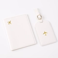 White PU leather passport holder and luggage tag set with golden airplane design - White Airplane